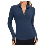 AKEWEI Long Sleeve Workout Tops for Women Quarter Zip Pullover Athletic Gym Top Slim Fit Running T Shirt Dark Grey Blue Small