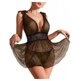 Lilosy Sexy Polka Dots Mesh Sheer Babydoll Chemise Lingerie Set Floral Lace Sleep Wear Women Deep V Slip Night Dress Nighty Negligee Gown With Thong 2 Piece Leopard Medium