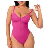 FeelinGirl Shapewear Bodysuit for Women Tummy Control Zip-Up Seamless V Neck Shapewear Thong Body Suit for Going Out, XL