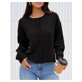 Saodimallsu Womens Button Up Cardigans Fall Trendy Crew Neck Long Sleeve Knit Cropped Sweater Jacket Black XL