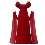 Vibsion Regency Dresses for Women Luxurious Embroidered Satin Empire Waist Dress 1800s Victorian Ball Gown with Shawl Wine Red XXL