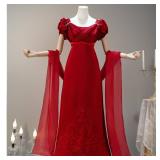 Vibsion Regency Dresses for Women Luxurious Embroidered Satin Empire Waist Dress 1800s Victorian Ball Gown with Shawl Wine Red XXL