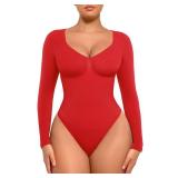 FeelinGirl Long Sleeve Shapewear for Women Tummy Control Bodysuit Thong V Neck Compression Tops Rust Red XS