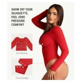 FeelinGirl Long Sleeve Shapewear for Women Tummy Control Bodysuit Thong V Neck Compression Tops Rust Red XS