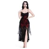 LANSHULAN Red & Black Velvet Slit Fitted Midi Goth Dress,Gothic Vintage Renaissance Halloween Dress, S