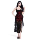 LANSHULAN Red & Black Velvet Slit Fitted Midi Goth Dress,Gothic Vintage Renaissance Halloween Dress, S