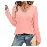 JUSTFASHIONNOW Long Sleeve Shirts for Women Lace V Neck Tunic Tops Dressy Business Casual Blouses Trendy Loose Fit Cute Winter Clothes (Pink,X-Large)