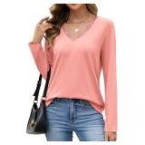 JUSTFASHIONNOW Long Sleeve Shirts for Women Lace V Neck Tunic Tops Dressy Business Casual Blouses Trendy Loose Fit Cute Winter Clothes (Pink,X-Large)