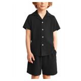 Arshiner Toddler Boy Simple Waffle Grid Solid Short Sleeve Button Down Shirts & Shorts Set for Summer Black 6-7 Years