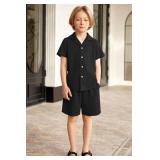 Arshiner Toddler Boy Simple Waffle Grid Solid Short Sleeve Button Down Shirts & Shorts Set for Summer Black 6-7 Years