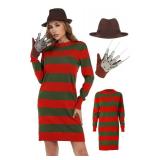 Halloween Scary Costumes for Women Long Sleeve Knitted Sweater Dress with Brown Hat and Claw Gloves Set for Cosplay Horror Theme Parties(L)