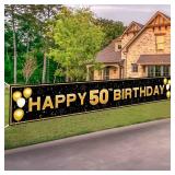 50th Birthday Decorations for Men & Women - Extra Large 6ft Backdrop Banner (70x47 Inch) Black Gold, Over The Hill Party Supplies for Indoor/Outdoor Use, 50 & Fabulous, Happy 50th Birthday Banner