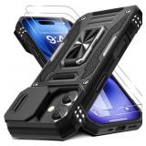 DEERLAMN Case for iPhone 17 6.3-Inch with Slide Camera Cover, Rotated Ring Kickstand Military Grade Shockproof Protective Cover-Black