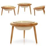 DEAYOU Ceramic Cat Bowl Adjustable, Tilted Elevated Raised Pet Dish, No Spill Pet Food Water Feeder, Slanted Dog Bowl with Wood Stand for Kitty, Pet Supplies, Stress Free, 600 ML/20 OZ, Cream White