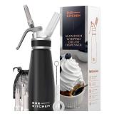 EurKitchen Professional Aluminum Whipped Cream Dispenser - Leak-Free Whip Cream Maker Canister with 3 Decorating Nozzles & Cleaning Brush - 1-Pint / 500 mL - N2O Chargers (Not Included)