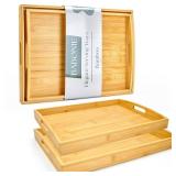 BABONIE Bamboo Serving Tray with Handles Set of 2 - Decorative Wooden Trays for Eating, Working, and Storing, Suitable for Use in Bedroom, Living Room, Kitchen, Bathroom, Outdoor Scenarios and More