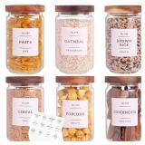 6 Set Glass Pantry Storage Jars with Acacia Airtight Lid - 23oz Thicken Glass Kitchen Canisters with 132 Pantry Labels - Clear Glass Food Storage Containers with Wood Lid for Tea,Sugar,Cookie,Coffee