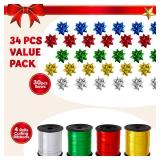 JOYIN Christmas 34 Pcs Bows and Ribbons Set, 4 Rolls of Curling Ribbons with 30 Pcs Bows, Gift Wrapping DIY for Holiday Crafts Decoration