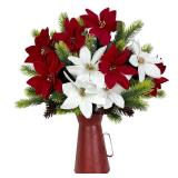 Caxchiling Artificial Poinsettia Flowers with Metal Vase, Christmas Floral Arrangements for Table Centerpiece, Indoor Christmas Decorations for Home, Office, Wedding (Red White Bouquet)