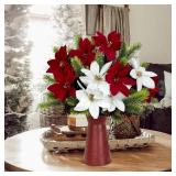 Caxchiling Artificial Poinsettia Flowers with Metal Vase, Christmas Floral Arrangements for Table Centerpiece, Indoor Christmas Decorations for Home, Office, Wedding (Red White Bouquet)