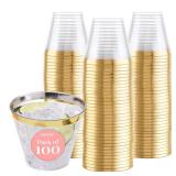 Prestee 100-Pack 9oz Gold Rimmed Plastic Cups Disposable Wine Glasses for Charcuterie, Weddings, Parties, and Events - Elegant Cocktail and Drinking Cups for Champagne, Martini, and Mocktails