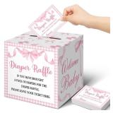 Teling 51 Pieces Diaper Raffle Tickets with Card Box Baby Shower Decorations Baby Shower Holder Box for Girl Boy Diaper Raffle Party(Pink Bow Style)