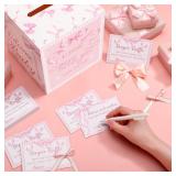 Teling 51 Pieces Diaper Raffle Tickets with Card Box Baby Shower Decorations Baby Shower Holder Box for Girl Boy Diaper Raffle Party(Pink Bow Style)