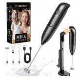 Dynooper Electric Milk Frother Handheld: Rechargeable 3 in 1 - LED Digital Display with 3 Speeds Portable Stainless Steel Drink Foam Mixer for Milk Coffee, Lattes - Starlight Black