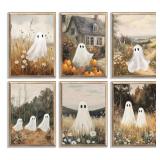 6Pcs Vintage Halloween Posters Wall Art Cute Ghost Wall Decor Pictures Rustic Landscape Ghost Paintings Prints Artwork for Gallery Living Room Halloween Party Home Decorations 8x10in Unframed