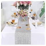 DUOBAO Silver Sequin Table Runner 108 Inch Glitter Decorative Table Cover for Weddings, Parties, Holidays - Sparkling Dining Table Decor 12x108 Inch, 1-Pack