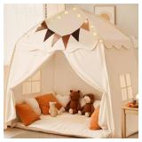Extra Large Kids Play Tent with Flags & Star Lights, Portable & Foldable Teepee, Boys & Girls, Indoor Outdoor Dome Tent Playhouse, 59x39x59 in, Cream