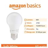 Amazon Basics A19 LED Light Bulbs, 60 Watt Equivalent, Energy Efficient 9W, E26 Standard Base, Soft White 2700K, Dimmable, 10,000 Hour Lifetime , 6-Pack