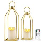 Homemory Modern Farmhouse Lantern Decor with Waterproof Flameless Candle & Remote Timer, 2PCS Gold Metal Candle Lantern Decorative for Outdoor Indoor Home Living Room Patio Porch Table (Gold)