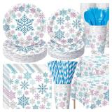 Funnymoom 452 Pcs Winter Decoration Wonderland Snowflake Party Supplies, Blue Pink Silver Snowflake Paper Plates Napkins Cups Tablecloth Cutlery Straws for Christmas Gender Reveal Baby Shower Party
