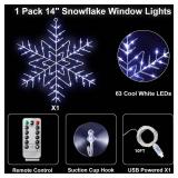 Christmas Snowflake Window Lights Decorations, 14 63 LED 8 Lighting Modes Cool White Snowflake Light with Remote Control Timer, USB Powered Christmas Silhouette Window Lights for Home Xmas Decor