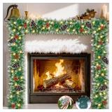 Christmas Garland, 9Ft Christmas Garland with Lights & Timer, 50LED Waterproof Battery Operated Lighted Garland Outdoor, Indoor Prelit Garland for Mantle, Stairs, Outside Christmas Decor Decorations