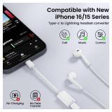 USB C to Lightning Headphone Audio Adapter, USB C Male to Lightning Female Earbuds Audio Adapter Compatible with iPhone 17/Air/16/16e/15 Plus/Pro/Max/15, iPad Pro, iPad Air 6/5/4, MacBook (No Charge)