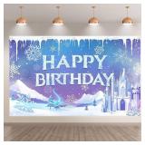 Yriujul Fabric 96x60inch Ice Snow Winter Birthday Backdrop Magical Castle Wonderland Snowflake Photography Background Kids Girls Party Decorations Photo Props