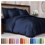 Duvet Cover Oversized King Size Set - Extra Soft Duvet Cover 120 x 98 with 2 Pillow Sham - Hotel Luxury, Easy Care and Fade Free with Zipper Closures & Ties - Comfy Breathable Bedding Set (Navy Blue)