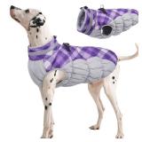 FUAMEY Dog Coat for Large Dogs,Waterproof Dog Winter Jacket with Harness Built in Puppy Cold Weather Coats Reflective Pet Vest with Zipper Warm Fleece Dogs Snowsuit Windproof Purple Plaid L