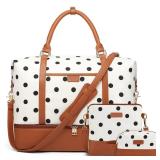 3Pcs Set Polka Dots Weekender Bags for Women Canvas Carry On Overnight Bag Travel Duffle Tote Bag for with Shoes Compartment, Brown
