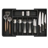 ABHENG Silverware Organizer, Expandable and Adjustable Kitchen Utensil Drawer Organizer, Plastic Cutlery Holder with Multiple Compartments, Cutlery Holder,for Spoons Forks Knives, Black, UAFD011B