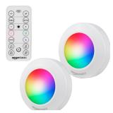 Amazon Basics LED Puck Lights, Color Changing, Battery Operated, IR Remote, 40 Lumens, 2 Pack, Wireless Stick on Lights, Under Cabinet Lighting, Ideal for Closets, and More, White