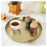 MyGift 11 Inch Deluxe Hammered Brass Round Decorative Tray - Aluminum Plated Serving Display Platter, Centerpieces and Vanity Tray - Handcrafted in India