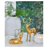 DN DECONATION 2PCS Christmas Resin Reindeer Figurines Decorations, Small Gold Brass Deer Decorative Statues Deer Sculptures for Indoor Home Decor Tabletop Mantle Cabinet Desktop Office