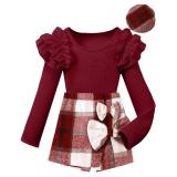 Hevemexy Cute Clothes for Ten Girls Wine Red Ruffle Sleeve Top and Skort with Hat 3PCS Fall Winter Set Girls