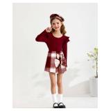 Hevemexy Cute Clothes for Ten Girls Wine Red Ruffle Sleeve Top and Skort with Hat 3PCS Fall Winter Set Girls