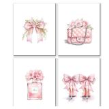 JINYO Coquette Pink Bow Perfume High Heels Package Wall Art Prints Set of 4, Preppy Girly Pink Wall Decor Posters Pictures for Girls Room Bathroom Apartment, 8x10 Unframed