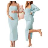QUNISY 2 Piece Maternity Dress Cardigan Set, Strapless Bodycon Maxi Tube Dresses Long for Baby Shower Photoshoot Formal, Light Blue S