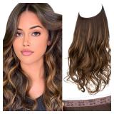 SARLA Invisible Wire Hair Extensions with 3 Clips Synthetic Wavy Curly Hairpiece Adjustable Transparent Headband for Women 16 Inch Dark Brown/Golden Blonde Highlights